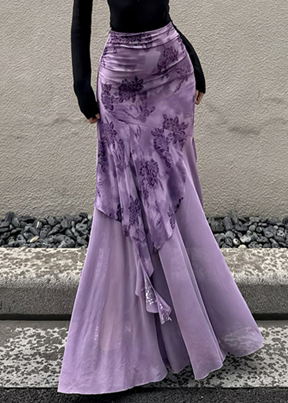 Bohemian Purple Print Patchwork Tulle Wraped Skirts Spring YP004