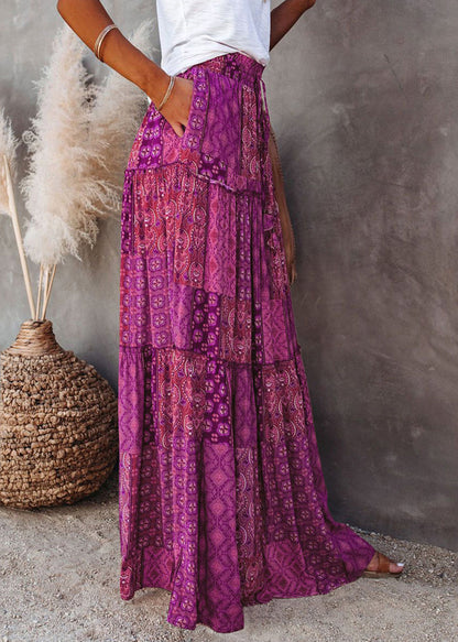 Skirt Line Print A Patchwork Ruffled Purple Bohemian