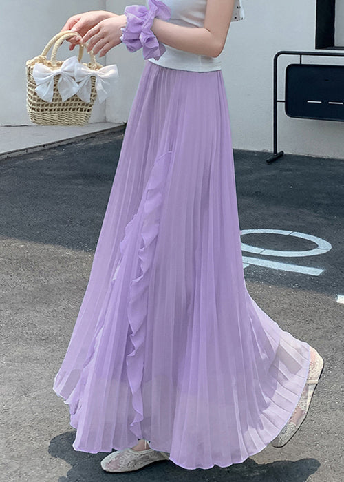Summer Ruffled Elastic Bohemian Skirts Purple Waist Chiffon