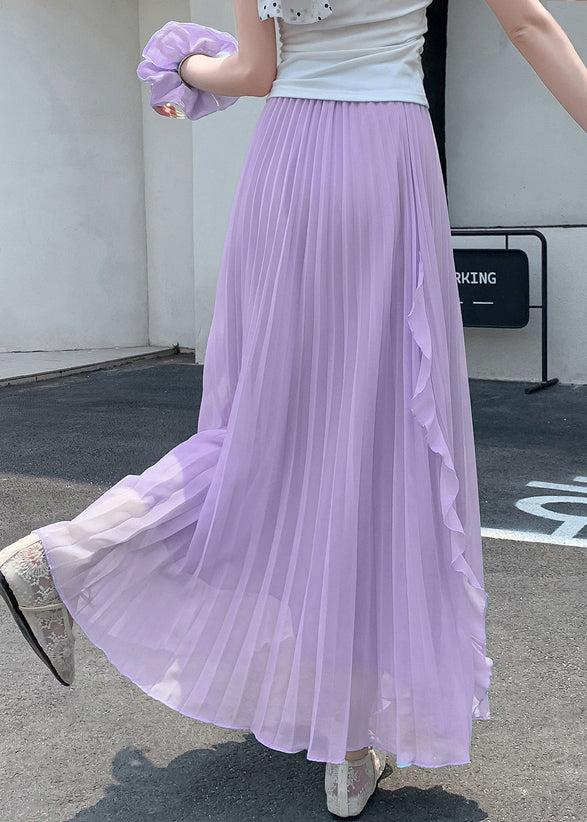 Summer Ruffled Elastic Bohemian Skirts Purple Waist Chiffon
