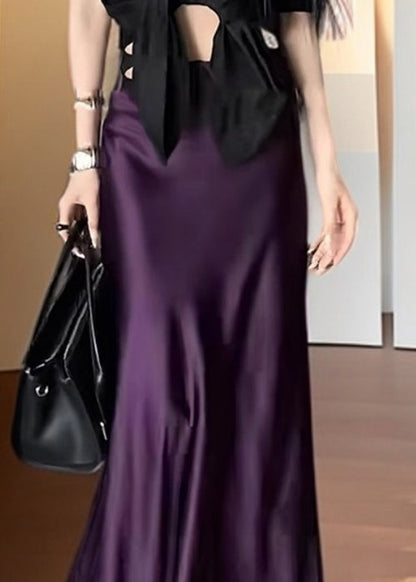 Solid Waist Summer Bohemian Silk Purple Skirts High