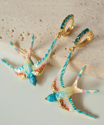 Swallow Copper Gem Drop Rainbow Stone Alloy Enamel Bohemian