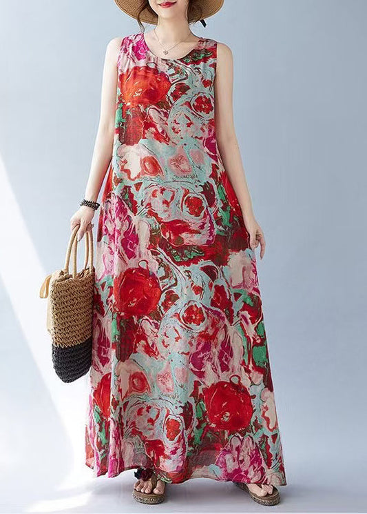 Sleeveless Red Print Oversized Dress Holiday Bohemian Cotton