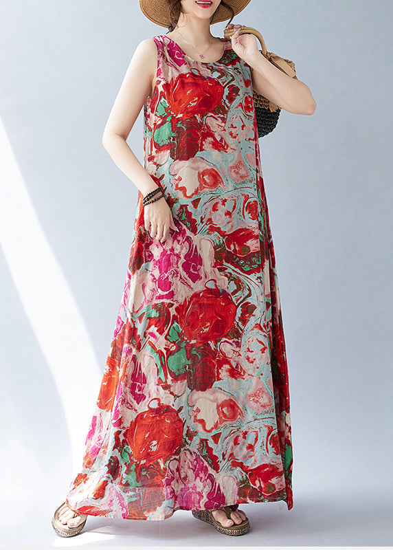 Oversized Holiday Bohemian Cotton Dress Red Sleeveless Print