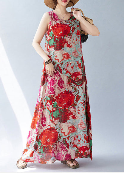 Oversized Holiday Bohemian Cotton Dress Red Sleeveless Print