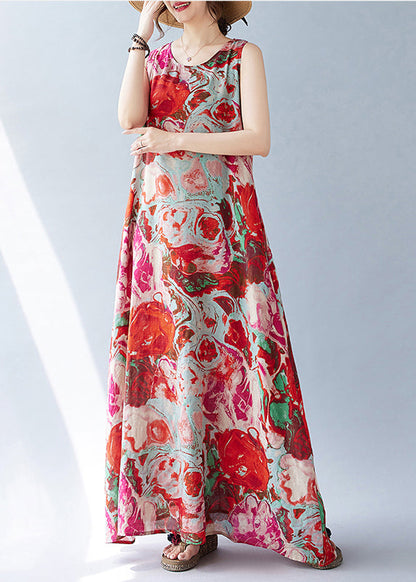 Oversized Holiday Bohemian Cotton Dress Red Sleeveless Print