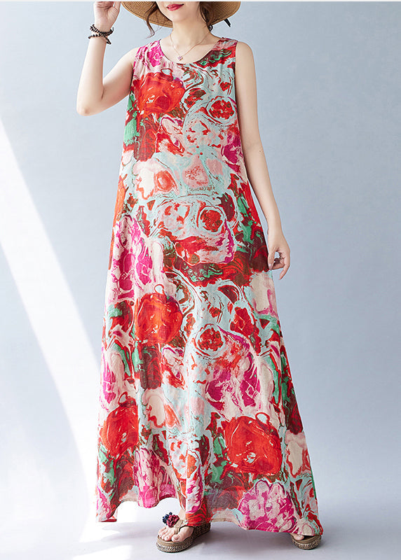 Oversized Holiday Bohemian Cotton Dress Red Sleeveless Print