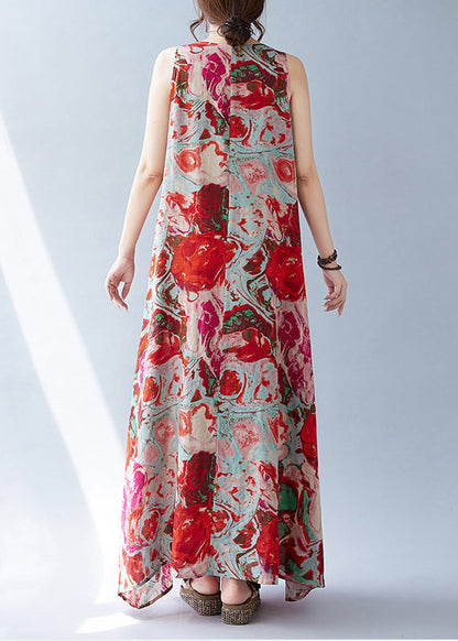 Sleeveless Red Print Oversized Dress Holiday Bohemian Cotton
