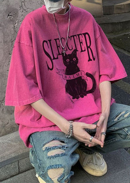 Oversized Bohemian Rose Cotton Cats T Shirt Mens Letter Half