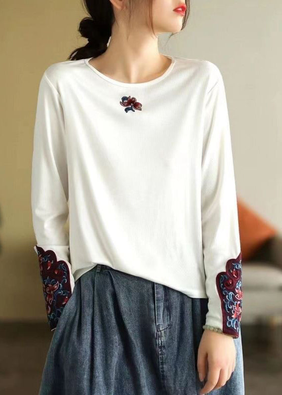 Bohemian Rose O Neck Embroidered Cotton T Shirts Spring TN001