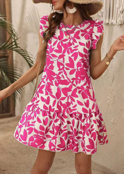 Rose Cotton Bohemian Neck Sleeve Mid Print Dress Butterfly O