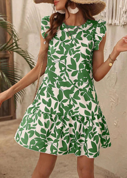 Rose Cotton Bohemian Neck Sleeve Mid Print Dress Butterfly O