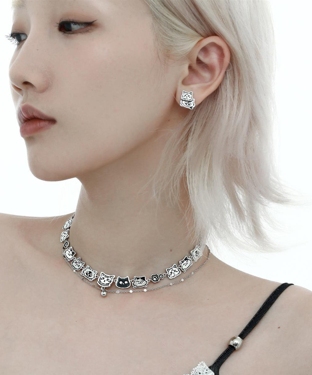 Bohemian Stainless Steel Silk Cat Necklace Double-Layer Graffiti