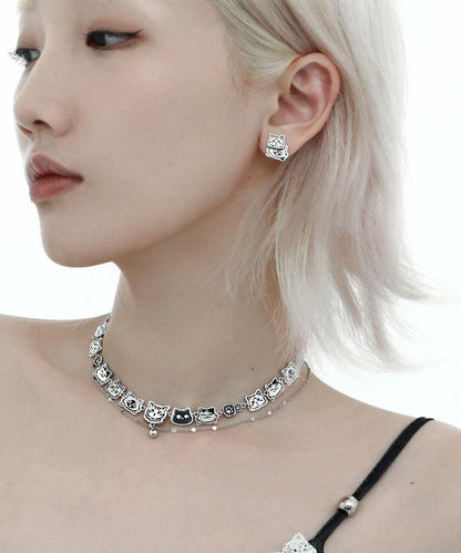 Bohemian Stainless Steel Silk Cat Necklace Double-Layer Graffiti