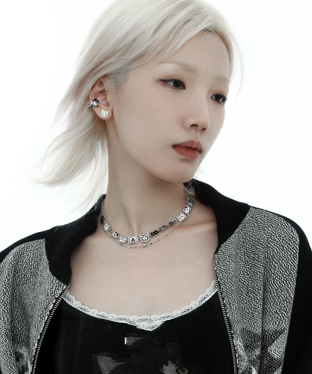 Bohemian Stainless Steel Silk Cat Necklace Double-Layer Graffiti