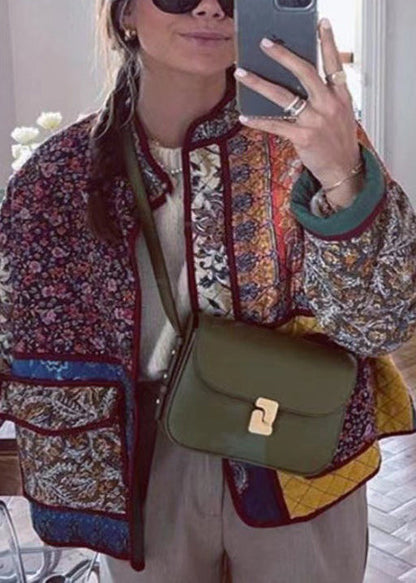 Bohemian Stand Collar Print Loose Fine Cotton Filled Jacket Spring TZ042