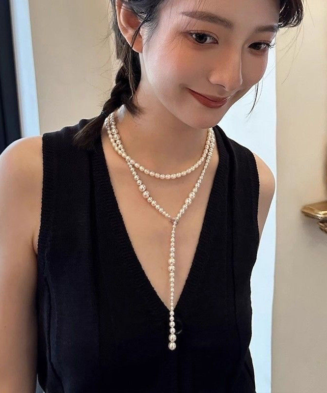 Beading Alloy Bohemian Gratuated Bead Pearl Sweater White