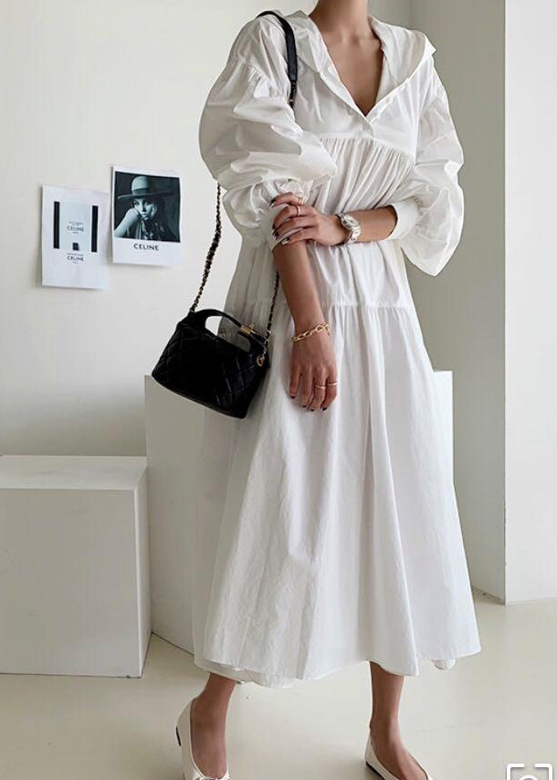 Dresses White Bohemian Lantern Hooded Oversized Maxi Cotton