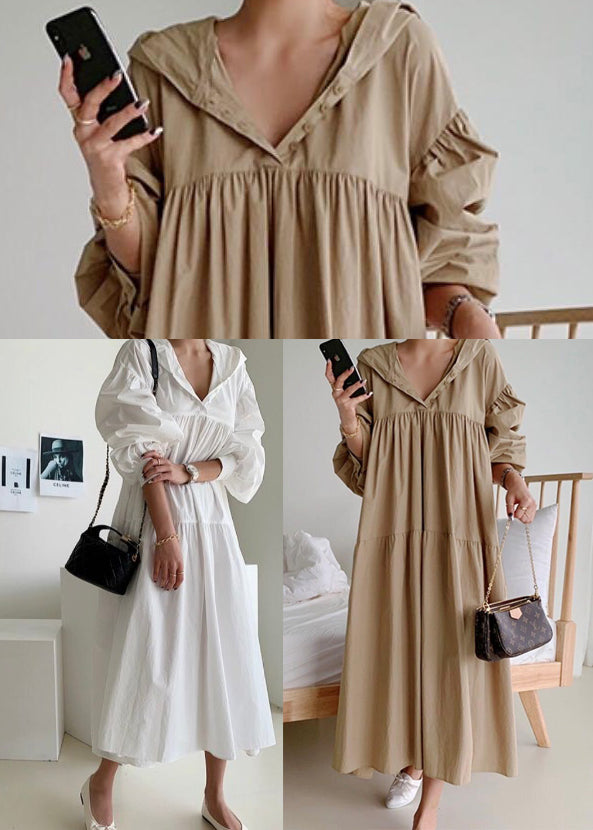 Dresses White Bohemian Lantern Hooded Oversized Maxi Cotton