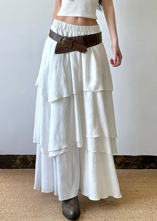 Skirts Waist Summer Cotton White Layered Solid Elastic Bohemian