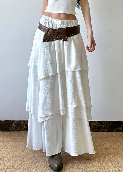 Skirts Waist Summer Cotton White Layered Solid Elastic Bohemian