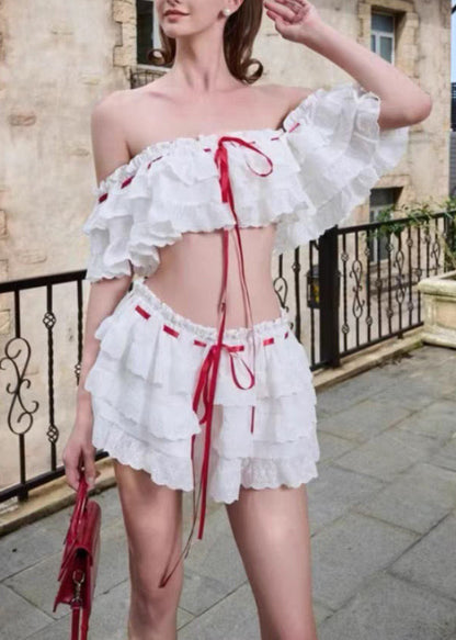 Two Bohemian Cotton Piece Set Up Ruffled White Lace Summer