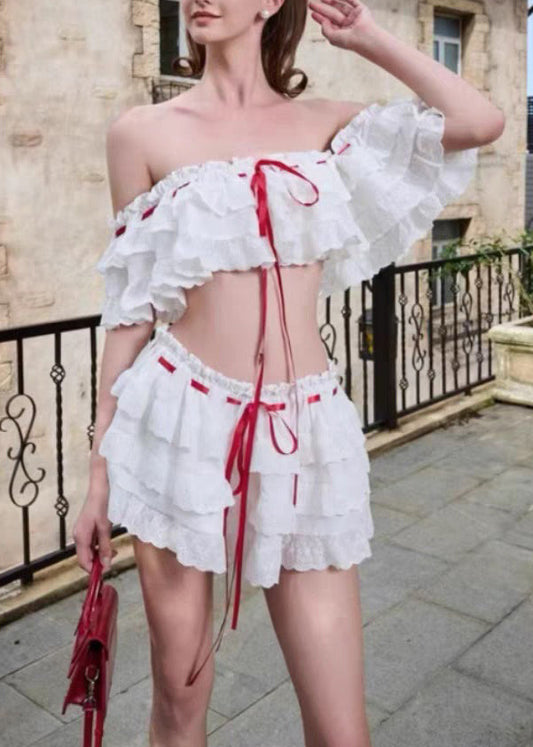 Two Bohemian Cotton Piece Set Up Ruffled White Lace Summer