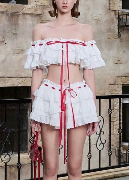 Two Bohemian Cotton Piece Set Up Ruffled White Lace Summer