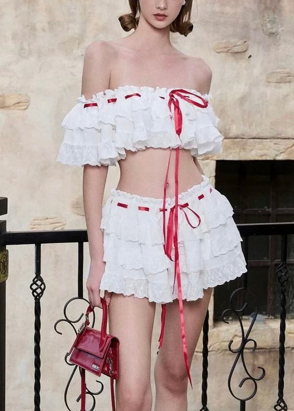 Two Bohemian Cotton Piece Set Up Ruffled White Lace Summer