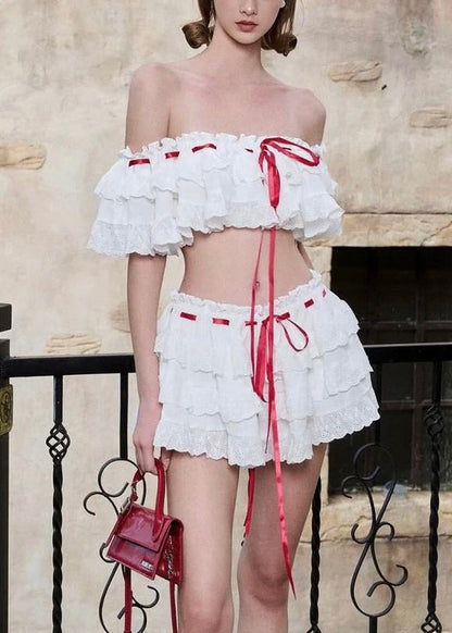 Two Bohemian Cotton Piece Set Up Ruffled White Lace Summer