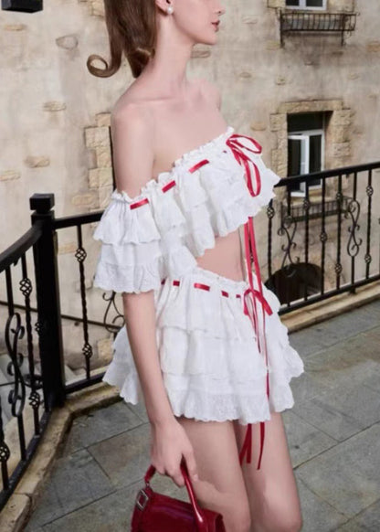 Two Bohemian Cotton Piece Set Up Ruffled White Lace Summer