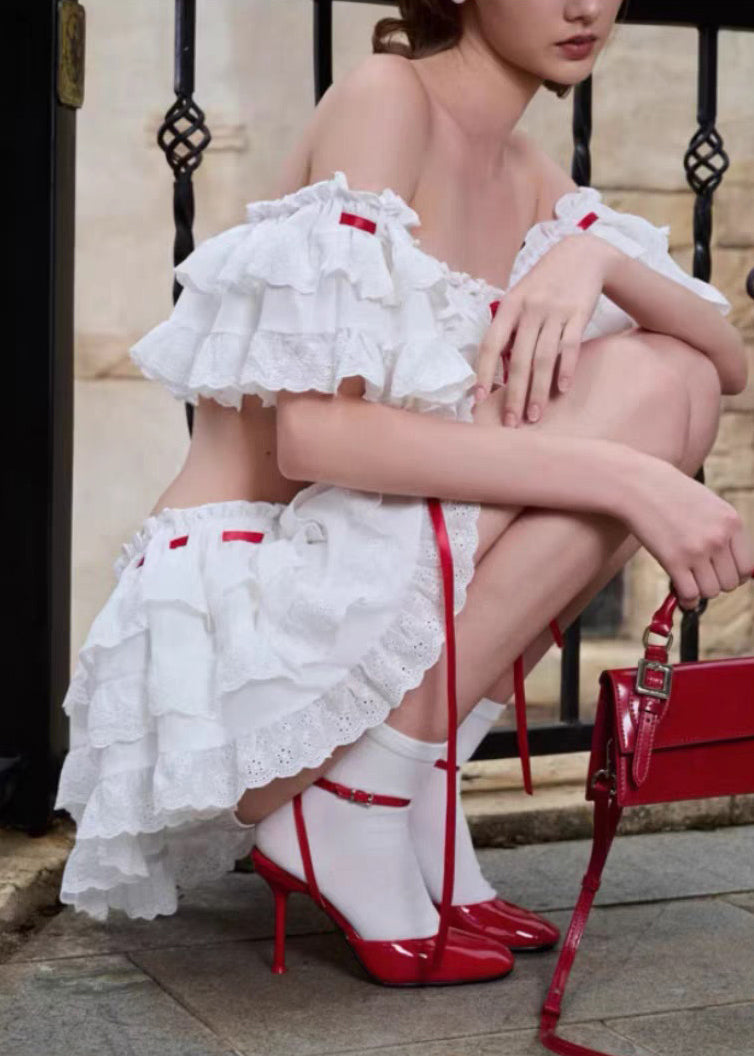 Two Bohemian Cotton Piece Set Up Ruffled White Lace Summer