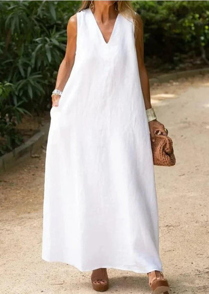 Bohemian White V Neck Cotton A Line Dress Sleeveless TL013