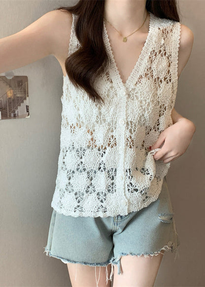 White Sleeveless Neck Tops V Bohemian Knit