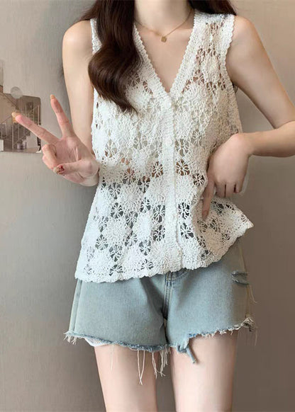 White Sleeveless Neck Tops V Bohemian Knit