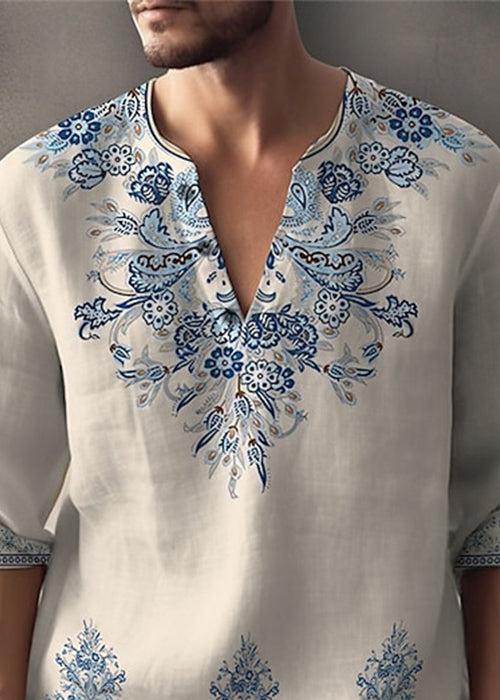 V White Men's Neck Half Print Cotton Shirts T Bohemian Oversized