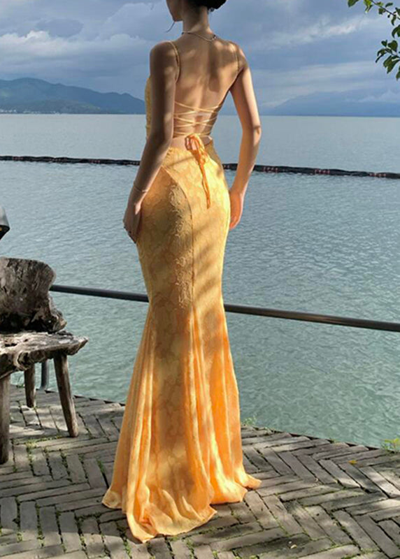 Strap Spaghetti Backless Yellow FishTail Dress Lace Bohemian Maxi