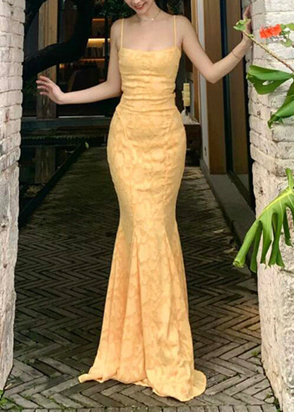 Strap Spaghetti Backless Yellow FishTail Dress Lace Bohemian Maxi