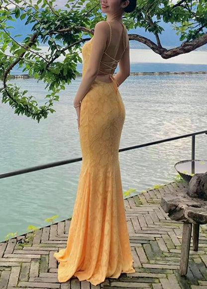 Strap Spaghetti Backless Yellow FishTail Dress Lace Bohemian Maxi