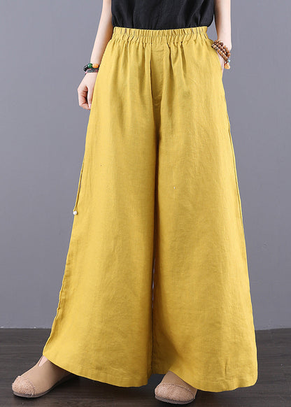 Pants Elastic Waist Pockets Bohemian Linen Yellow Summer