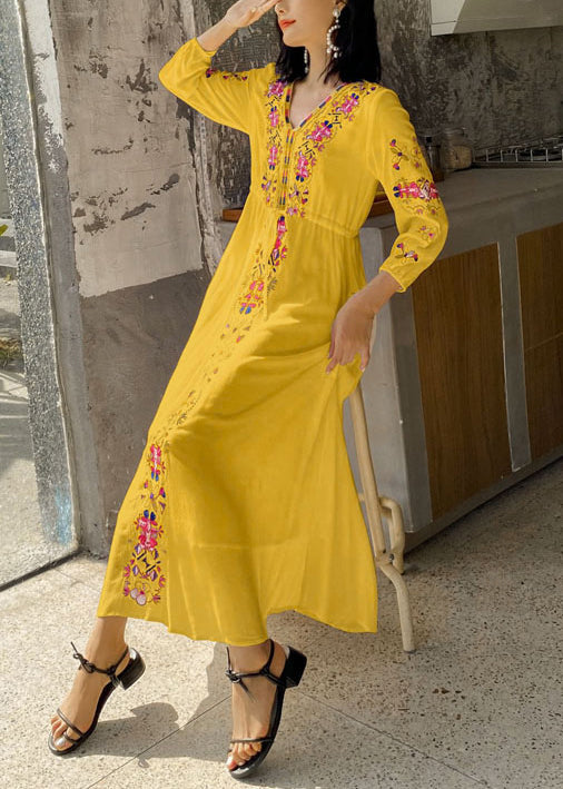 Embroidered Dresses Vacation Yellow Bohemian Tie Waist Cotton