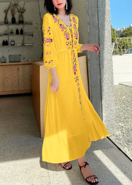 Embroidered Dresses Vacation Yellow Bohemian Tie Waist Cotton