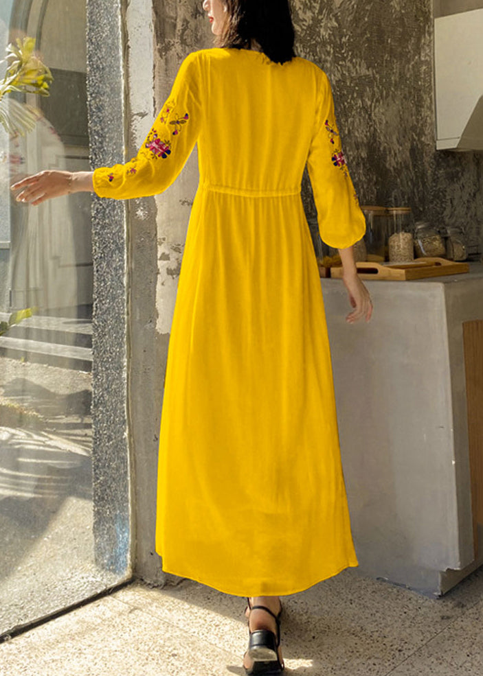 Embroidered Dresses Vacation Yellow Bohemian Tie Waist Cotton