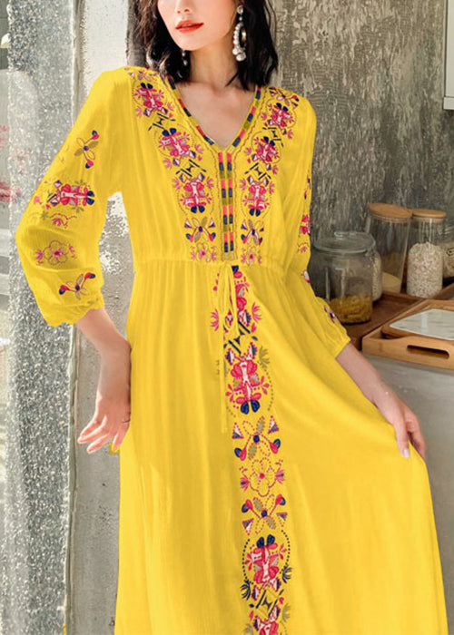 Embroidered Dresses Vacation Yellow Bohemian Tie Waist Cotton