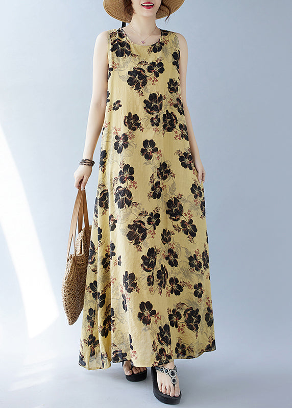 Bohemian Cotton Yellow Oversized Sleeveless Print Dresses