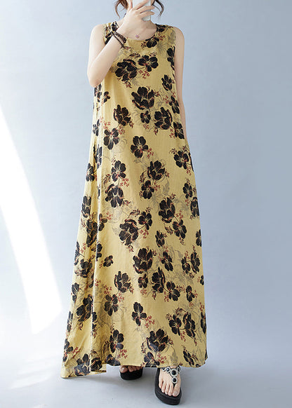 Bohemian Cotton Yellow Oversized Sleeveless Print Dresses