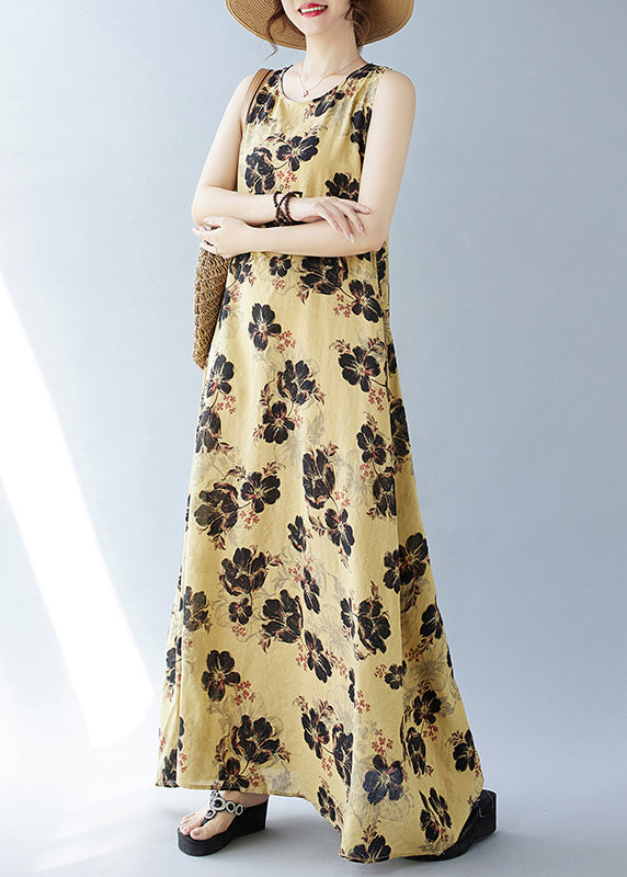 Bohemian Cotton Yellow Oversized Sleeveless Print Dresses