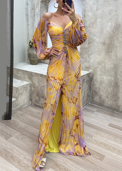 Wrinkled Spring Bohemian Side Open Ankle Yellow Dress