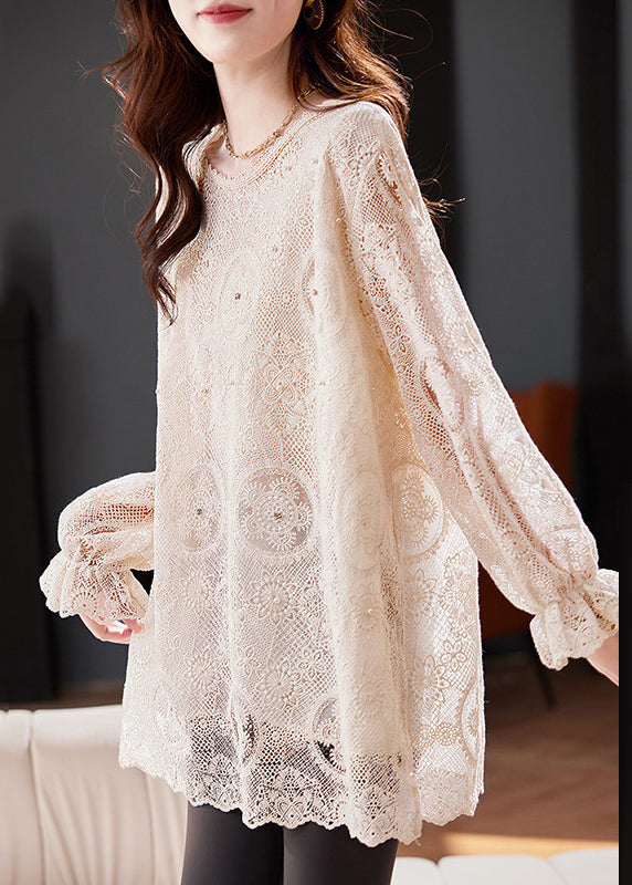 Flare Top Boho Out Chiffon Apricot Embroidered Hollow Sleeve