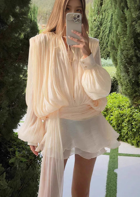 Apricot Boho Chiffon Sleeve Dress Summer Puff Work Wrinkled
